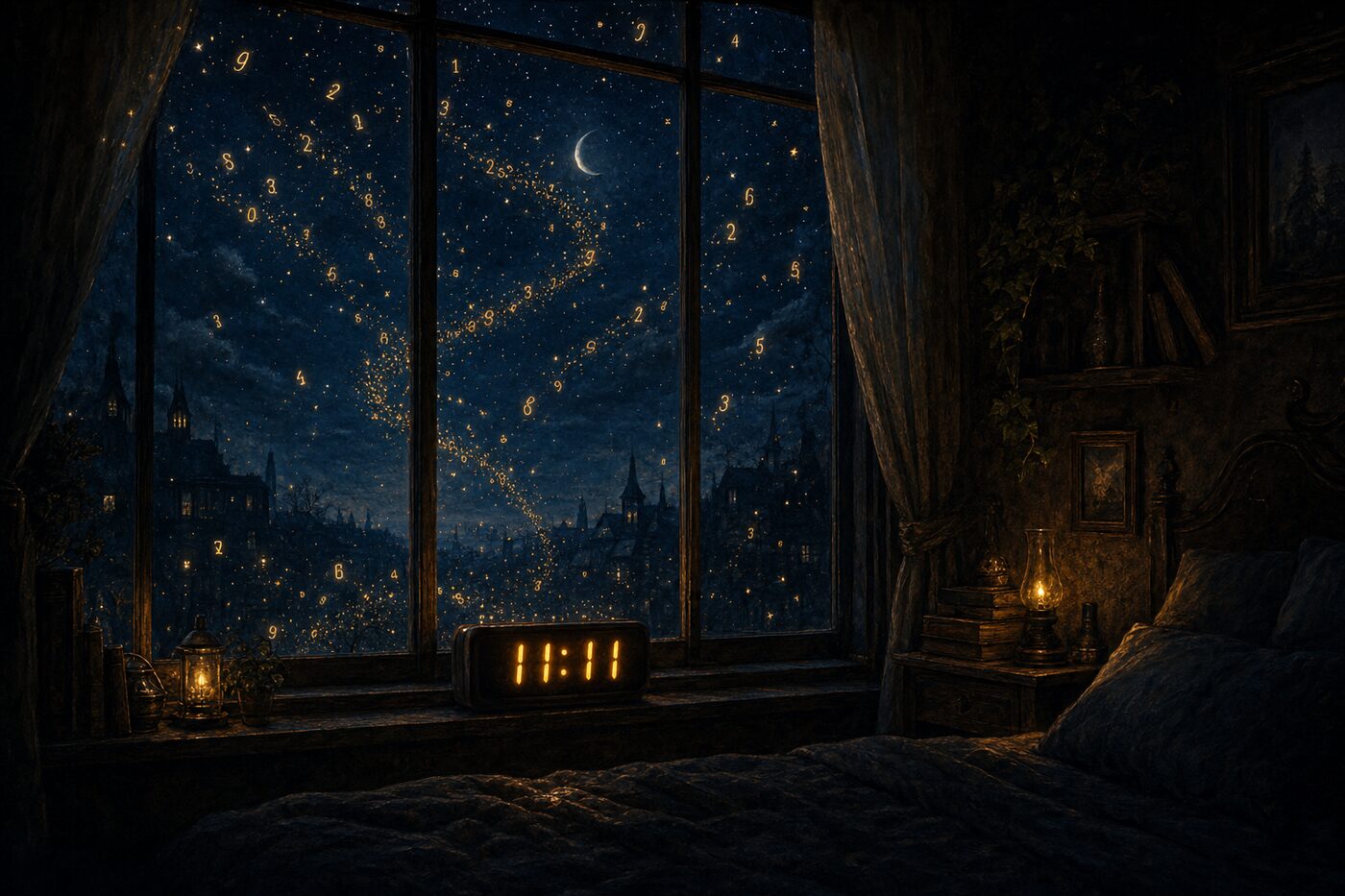 Un orologio digitale segna 11:11 nella notte mentre sequenze di cifre dorate fluttuano nell'aria stellata