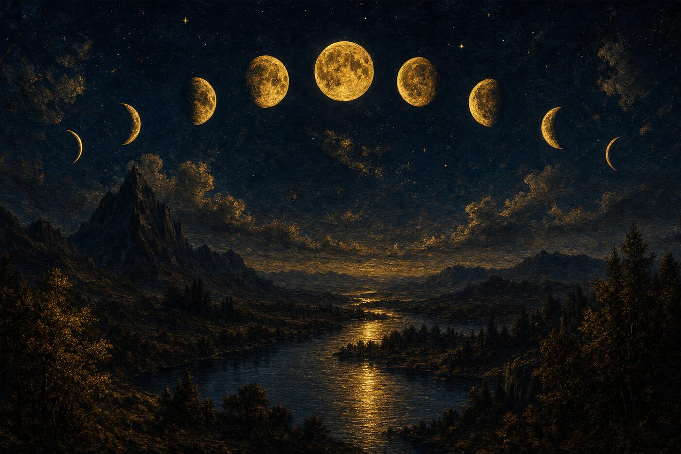 Las nueve fases de una luna dorada cruzan el cielo nocturno sobre un valle surcado por un río