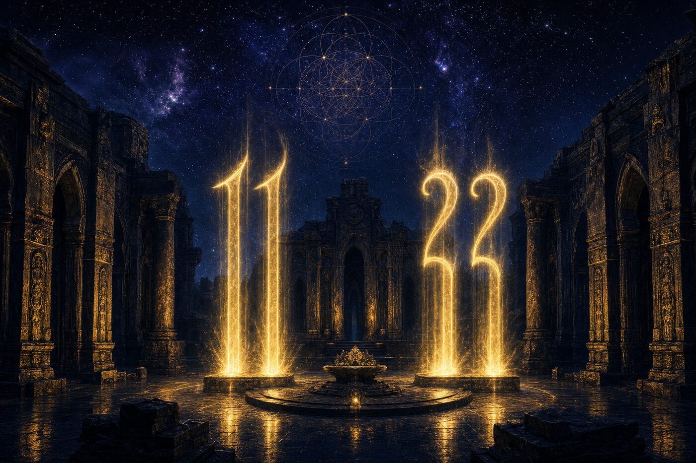 Due colonne gemelle di luce dorata, 11 e 22, si ergono in un tempio notturno sotto le stelle