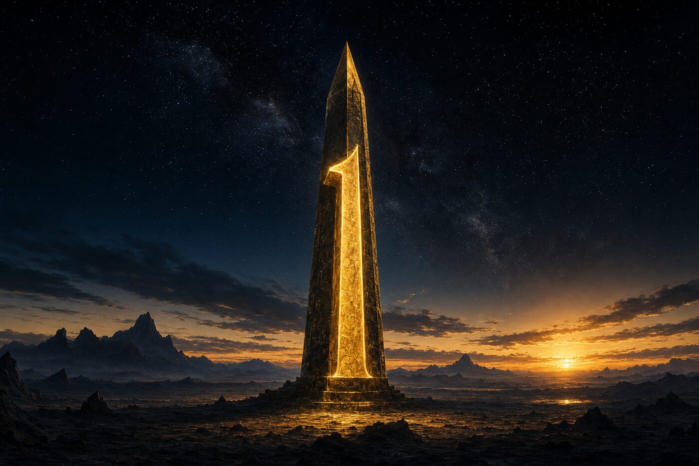 Un obelisco dorado se alza solitario en un paisaje nocturno, marcado por un gran 1 luminoso