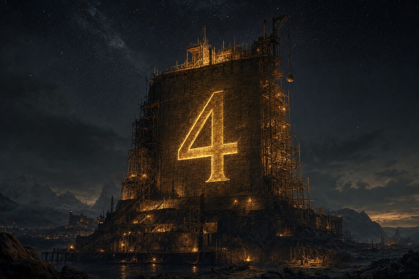 Una torre cuadrada de piedra en construcción, con andamios dorados bajo un cielo estrellado y un gran 4 luminoso