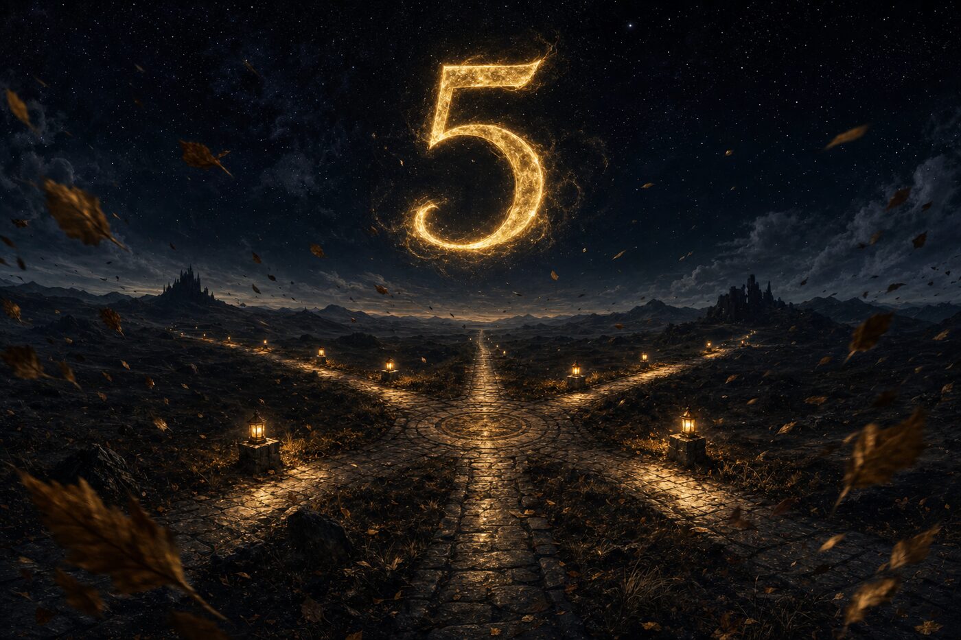 Un cruce nocturno de cinco caminos iluminados por faroles, con un gran 5 dorado suspendido en el viento