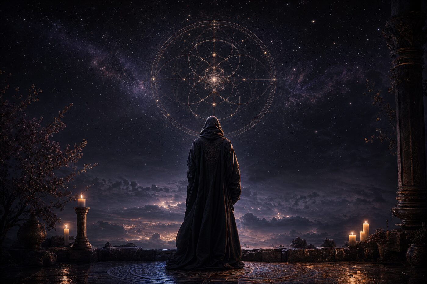 Una figura solitaria contempla una geometría sagrada luminosa bajo un cielo estrellado