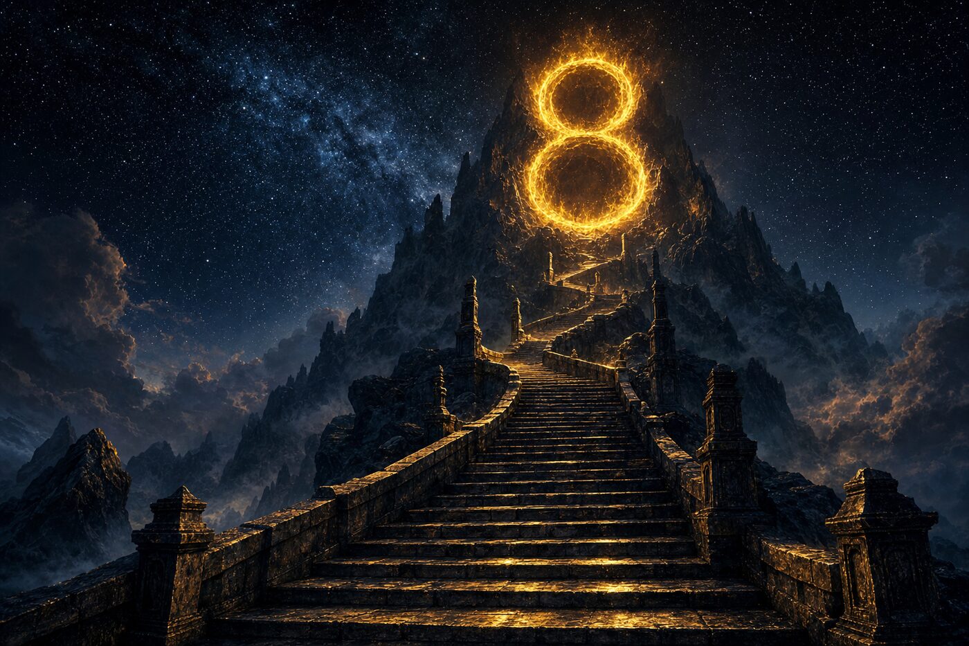 Una escalinata de piedra sube hacia una cumbre nocturna donde arde un gran 8 dorado