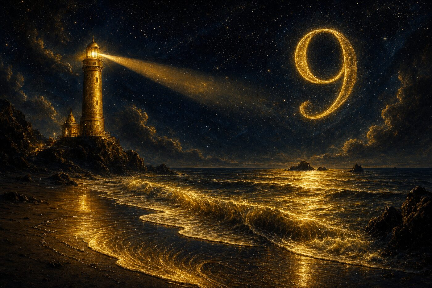 Un faro dorado ilumina un mar nocturno mientras una ola se retira, bajo un gran 9 luminoso